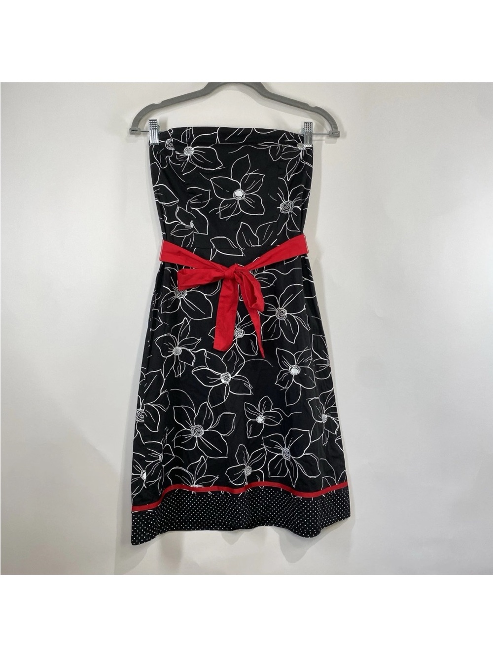 Ruby Rox Black Strapless Dress with White Floral Outline and Red Trim